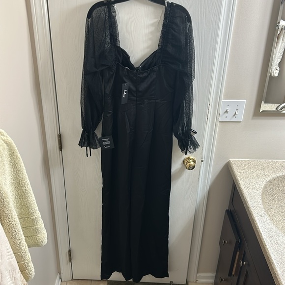 lulu’s Modern Black Satin Mesh Long Sleeve Bustier Jumpsuit - Picture 7 of 8